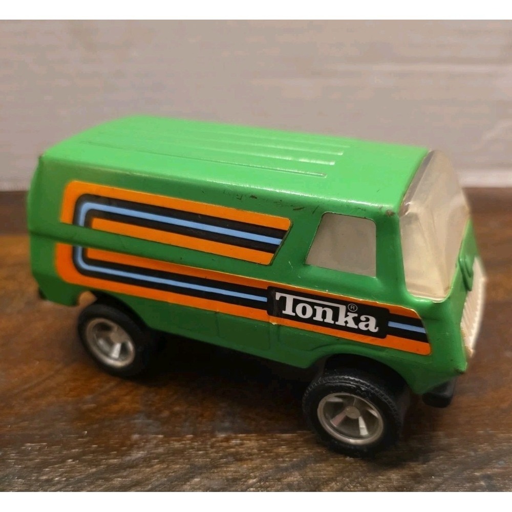 Vintage 1970s Tonka Pressed Steel Green Van Orange Blue Stripe Toy Mini Van USA